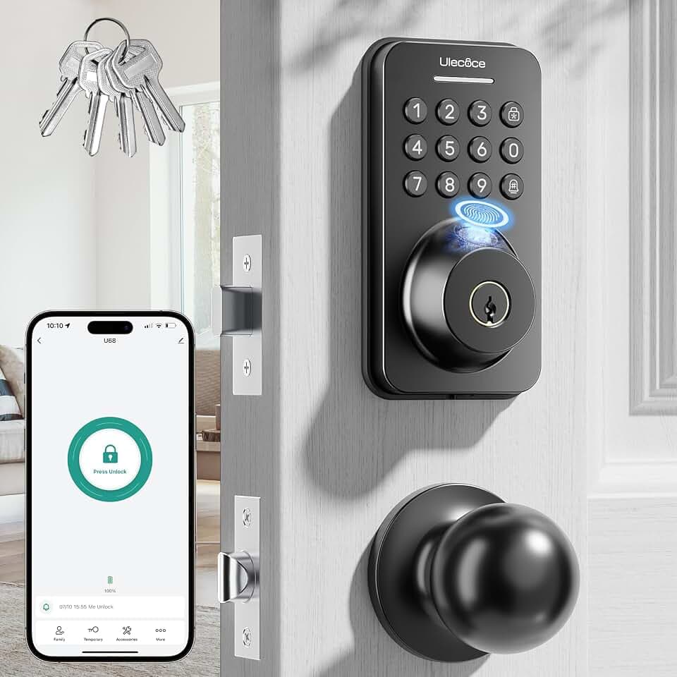 Ulecoce U68 Fingerprint Keypad Deadbolt with Knob Set, Matte Black