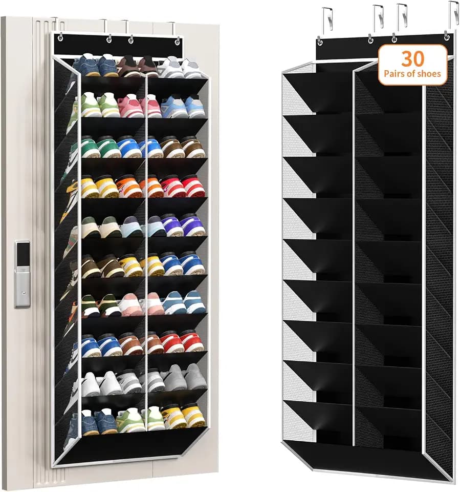 KEEPJOY 20-30 Pairs Over the Door Shoe Organizer, Mesh Hanging Shoe Rack for Door Storage with 20 Wide Deep Pockets,10-Tier Black Door Shoe Holder Fits Sneakers, Boots.