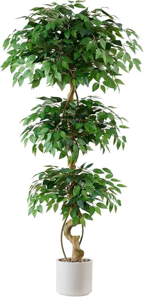 6FT Artificial Ficus Tree, Elegant Faux Topiary Tree in White Pebble Pot