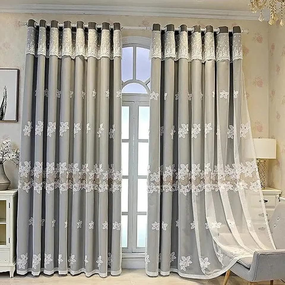 Amidoudou Luxury Modern Flower Curtains with Attached Valance - Double Layer Embroidered Curtains for Living Room & Bedroom (Grey, 54x90 Inch)