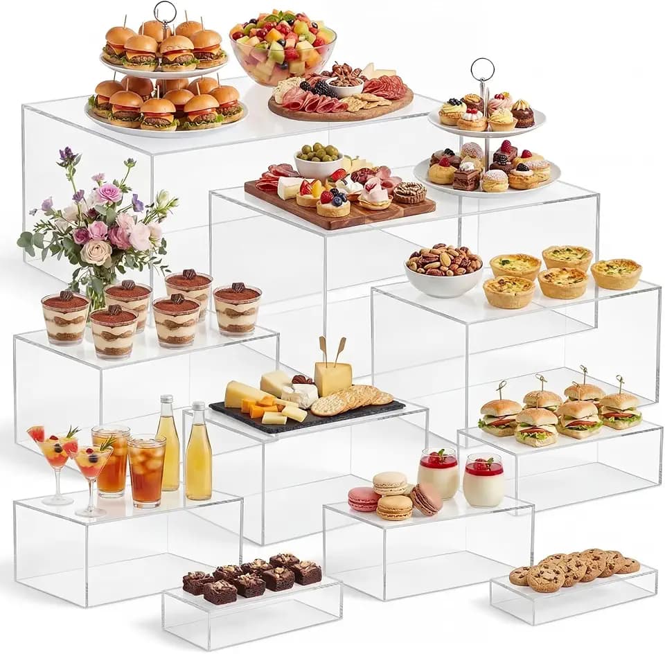 Leinuosen 10 Pcs Extra Large Acrylic Buffet Risers for Food Display Stands Box, Rectangle Catering Dessert Table Risers Decorative 7 to 16 Inch, Hollow Bottom for Weeding Brunch Party Supplies(Clear)