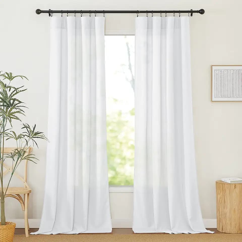 RYB HOME Linen Sheer Curtains 2 Panels for Living Room, Semi Transparent Privacy Drapes with Rod Pocket Farmhouse Style Window Treatments for Bedroom, White, 52" W x 95" L