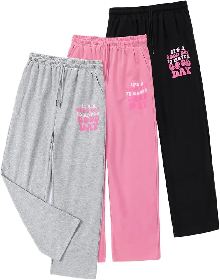 EXARUS 3 Pack Girls Sweatpants Joggers Teen Sweat Pants Wide Leg