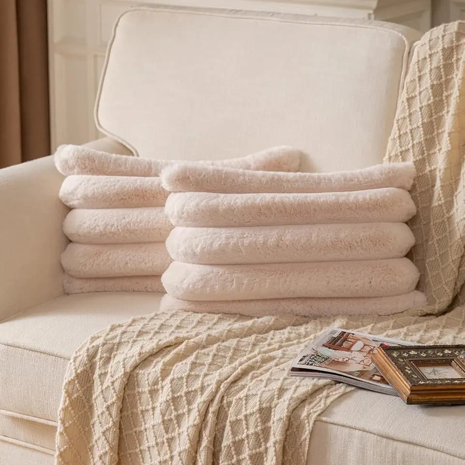 Yaertun Beige Striped Decorative Throw Pillow Covers 12x20 Inch Set of 2 Plush Soft Pillowcase with Velvet Back Faux Rabbit Fur Cushion Covers Sofa Couch Bed Livingroom