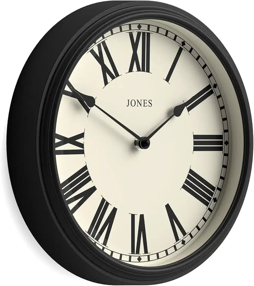 JONES CLOCKS® Hackney wall Clock | Classic Roman Numerals | 12" | Black