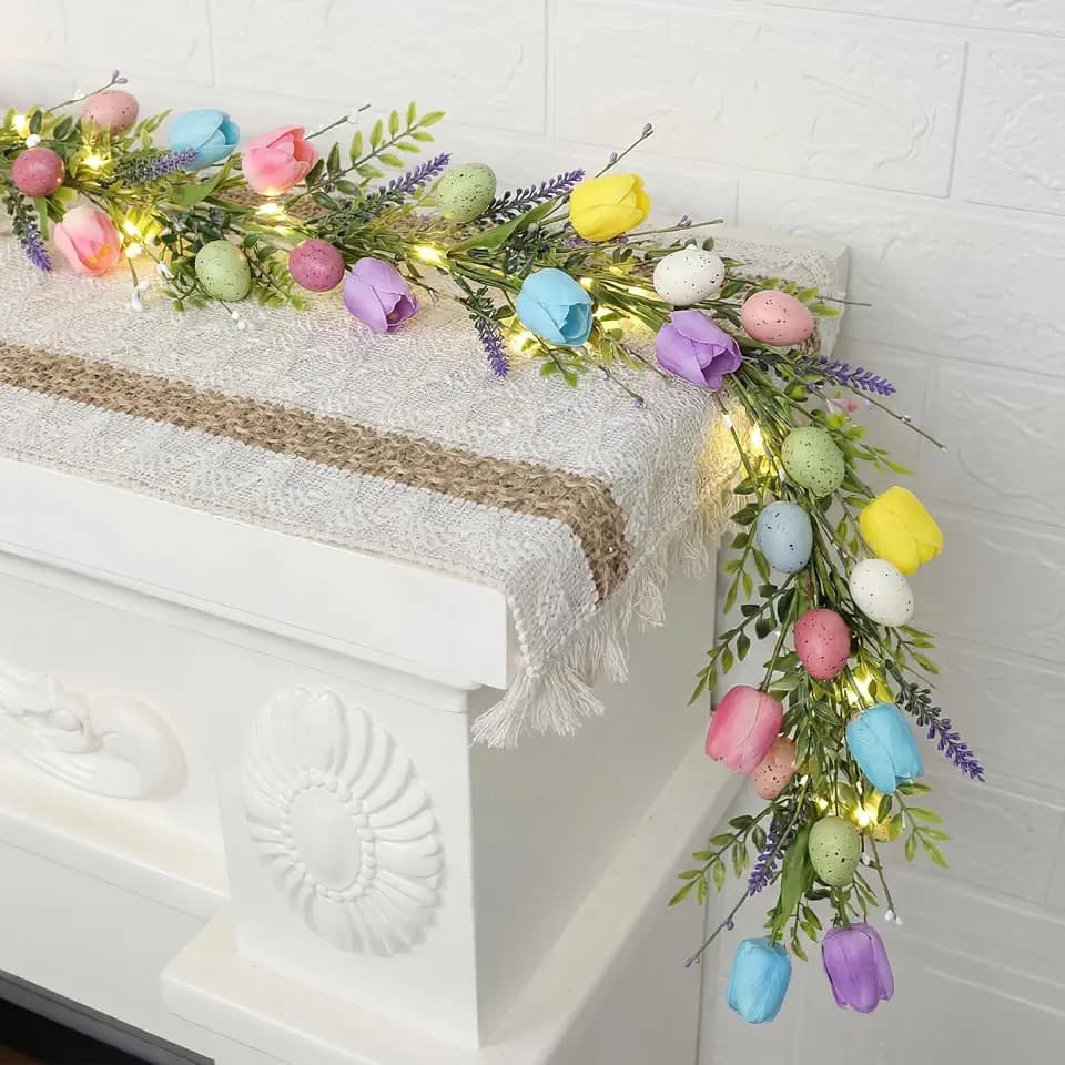 Canlierr 6 ft Easter Garland Lighted Artificial Floral Garland with Eggs & Tulip Artificial 30 LED Spring Easter Decorations for Mantle Indoor Outdoor Home Kitchen Fireplace Wall Party