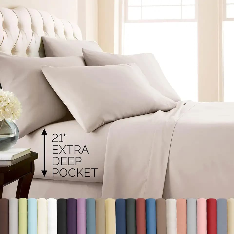 21 Inch Deep Pocket King Sheet Set Hotel Quality Microfiber Natural Beige