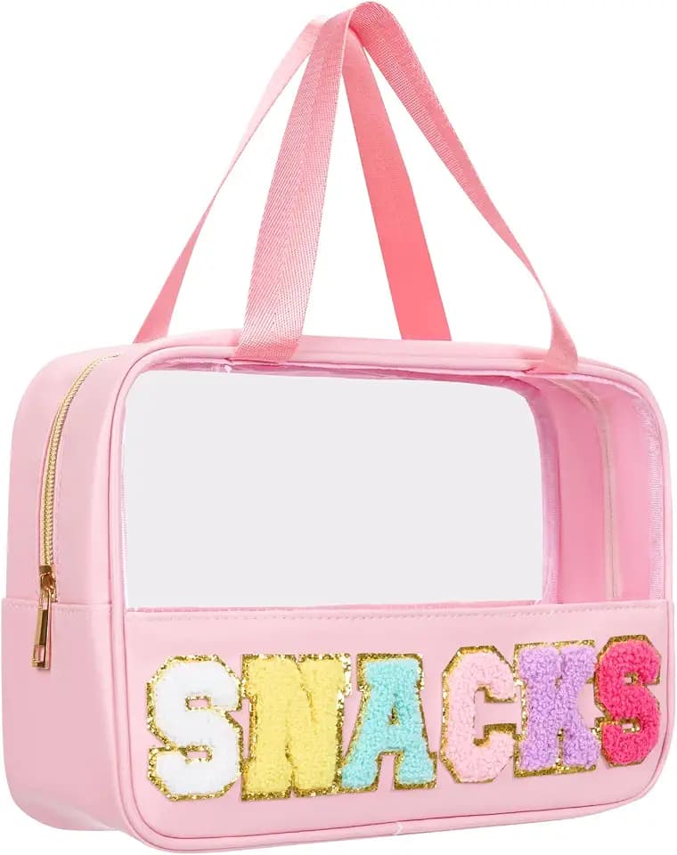 Snack Bag Clear Chenille Varsity Letter Zipper Pouch for Travel Preppy Cosmetic Bag Clear Cosmetic Bag Makeup Travel Bag for Women