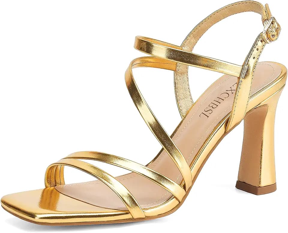 Strappy Heels for Women 3 Inch Chunky Block High Heels Square Open Toe Ankle Strap Dress Sandals for Wedding Prom Party Bridesmaid