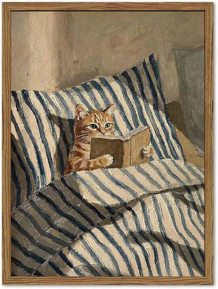 Cute Cat Reading Wall Art, Funny Orange Cat Reading Book in Striped Bed Wall Decor Painting Vintage Bookish Lover Canvas Print Picture for Library Bedroom Living Room 16x24 Inch Wood Framed