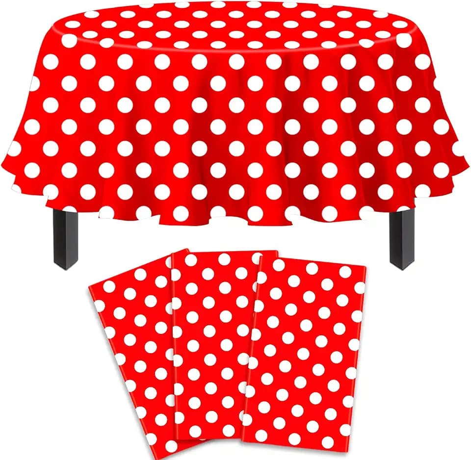 3 Pack Red and White Polka Dots Tablecloth Red Round Table Cover with White Polka Dot Round Plastic Table Cloth 84 in Round for Kitchen Dining Wedding Party