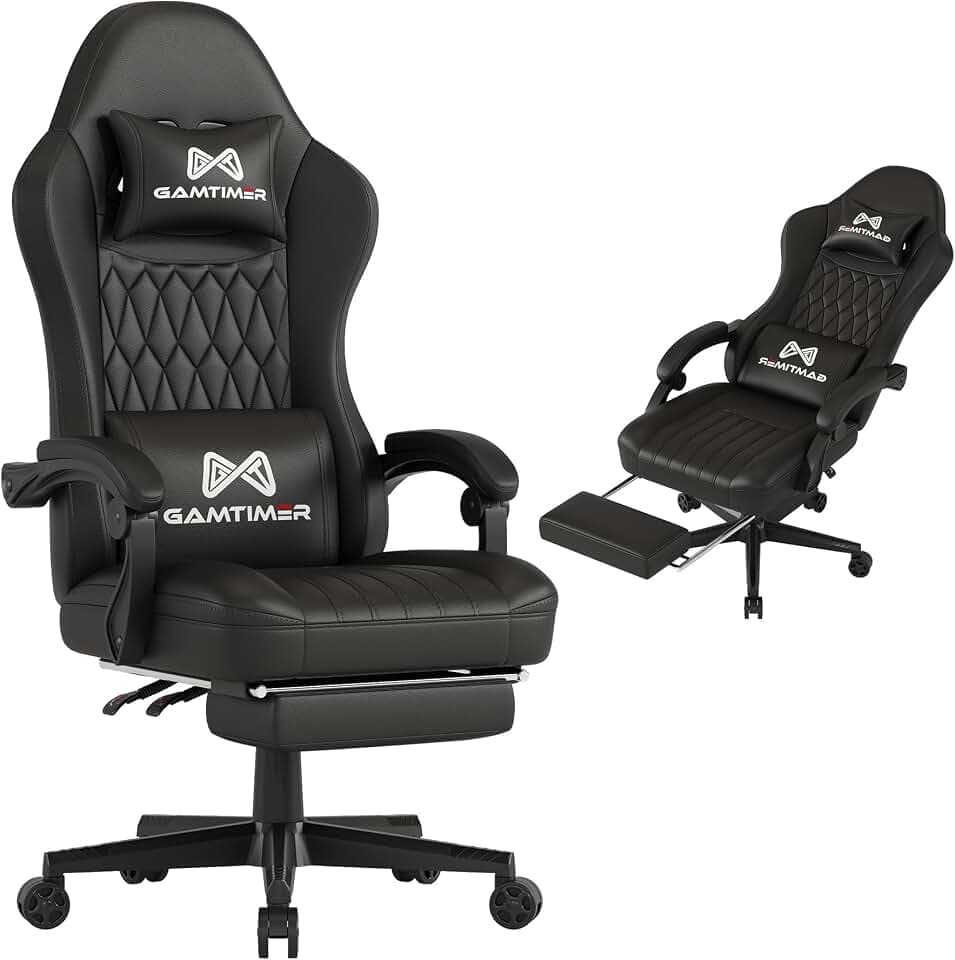 Gaming Chair with Footrest, Ergonomic Computer Chair, PU Breathable Material with Headrest and Lumbar Support, Suitable for Silla Gamer and Adults(Black)