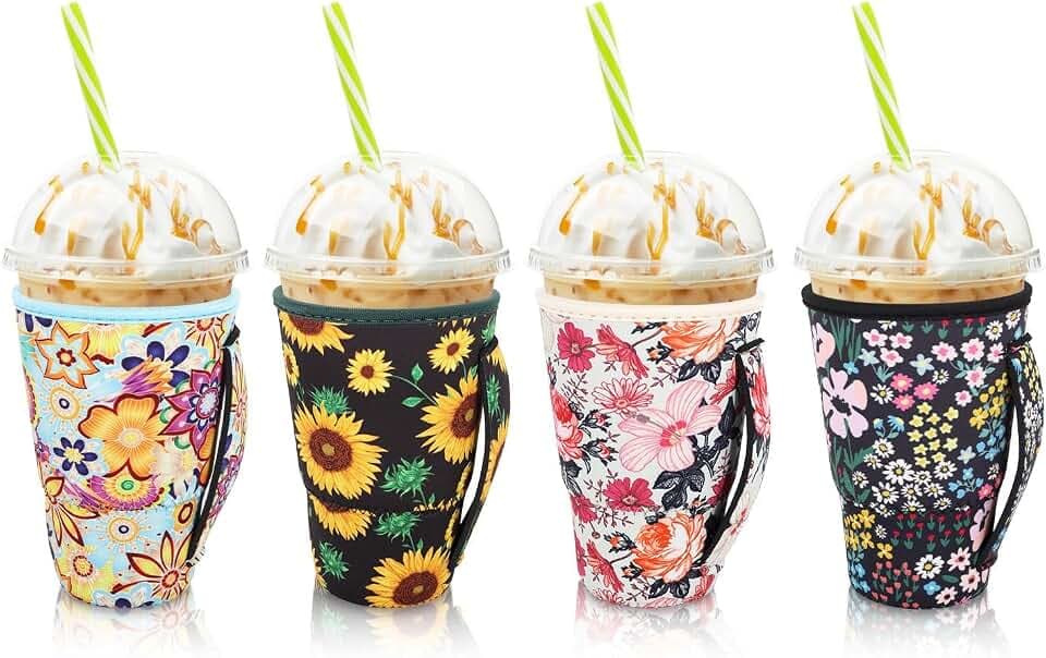4Pack Iced Coffee Sleeve With Handle, 30-32oz, Floral Meadow