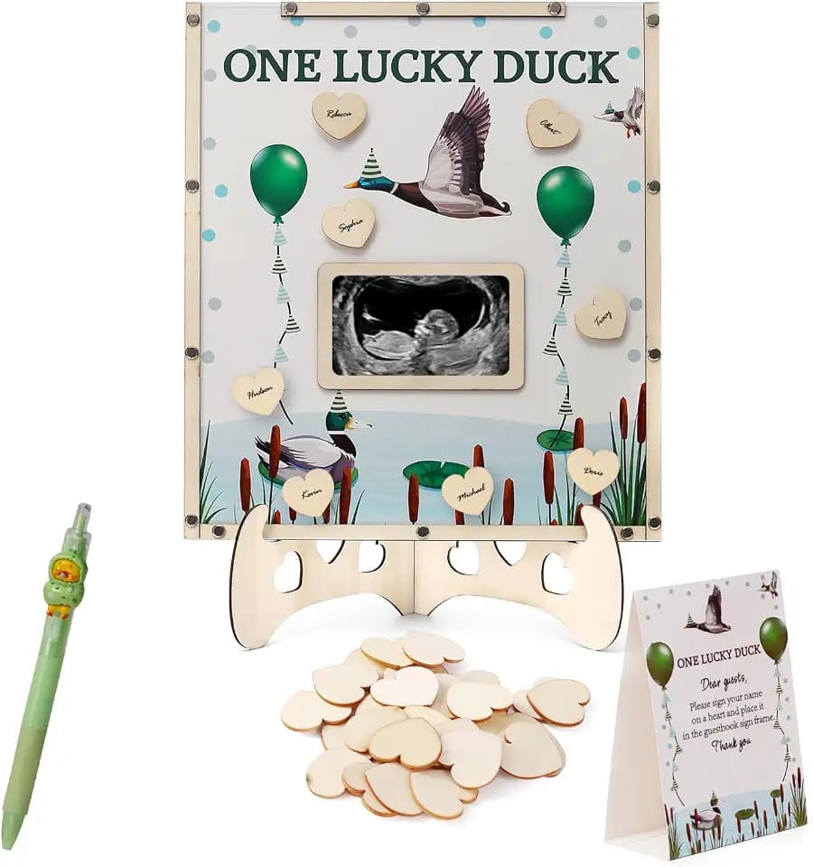 Mallard Duck Baby Shower Decorations,Baby Shower Guest Book Alternatives with Pen,Photo Frame and 60 Heart Wood Slices for 60 Guests,One Lucky Duck Birthday Decorations