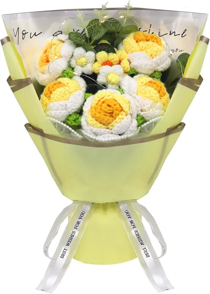 Crochet Rose Flowers Bouquet, Handmade Milk Cotton, Yellow
