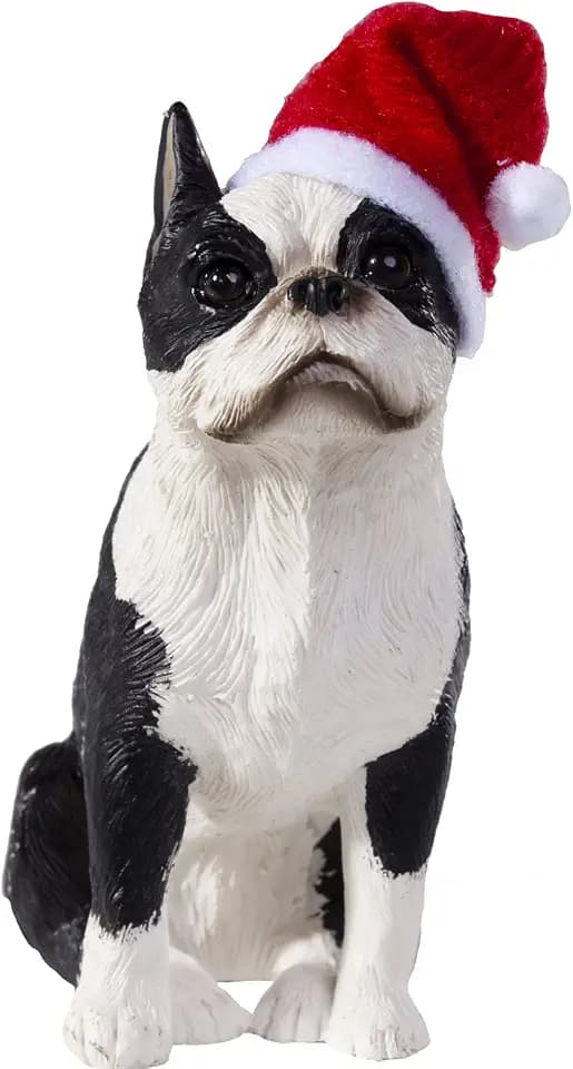 Sandicast Boston Terrier with Santa Hat Christmas Ornament,White/ Black/ Red