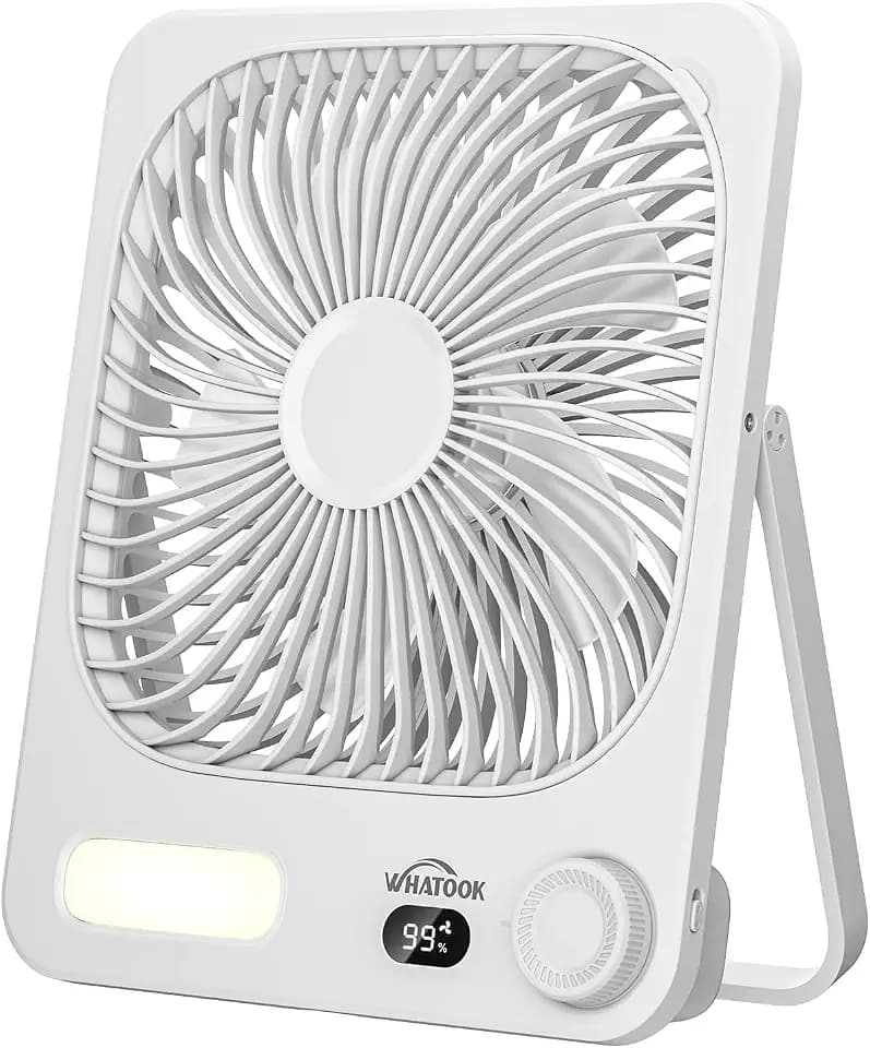 WHATOOK 10000mAh Battery Powered Fan Up to 40H Runtime, Ultra-Slim 8-Inch Portable Travel Fan with LED Lantern, Ultra Quiet Rechargeable Desk Fan for Bedroom, Office, Outdoor, Camping, Cruise (White)