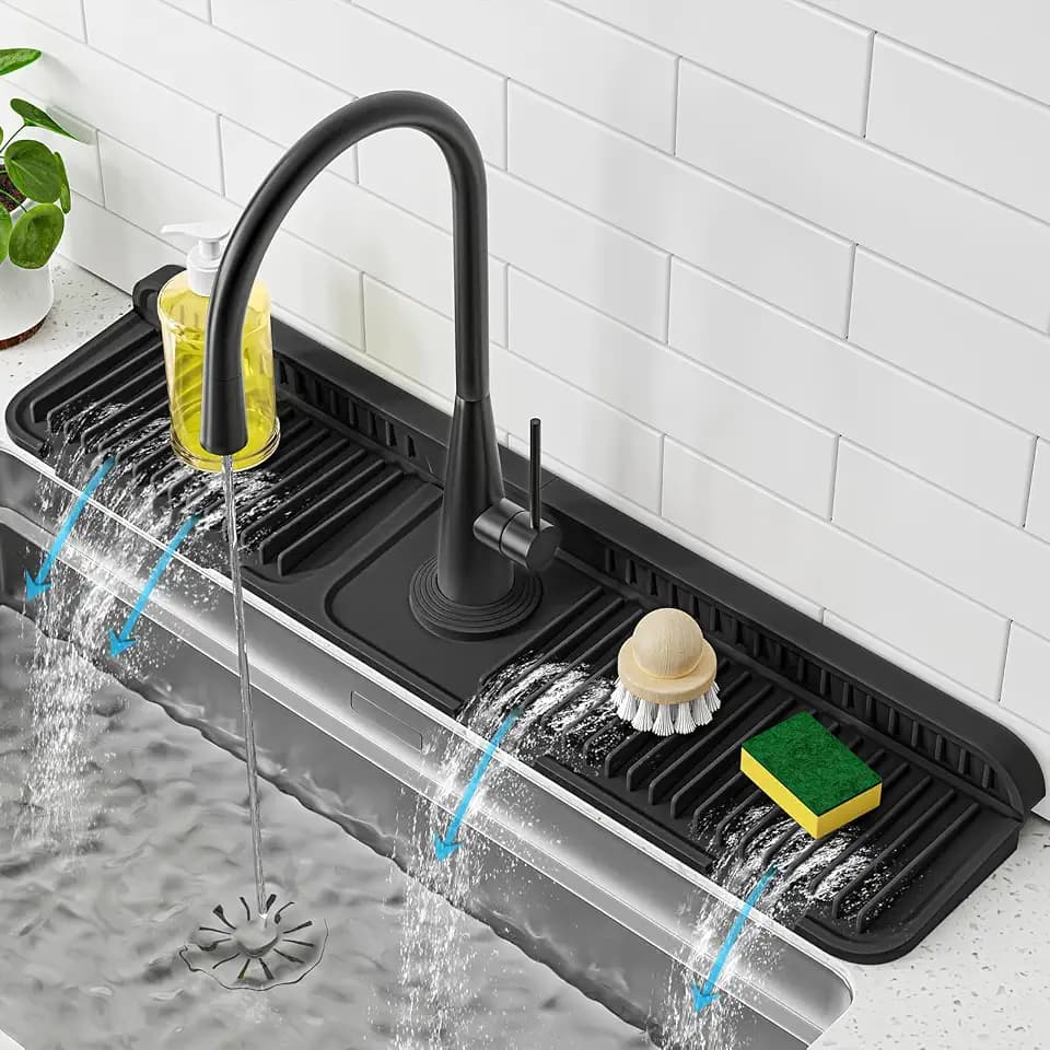 PoYang 24 Inch Faucet Mat for Kitchen Sink Splash Guard, Silicone, Black