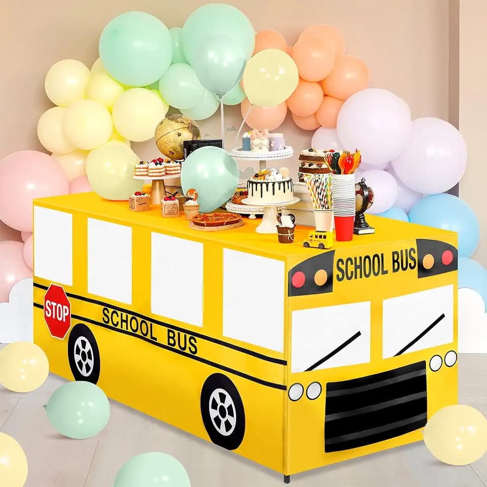 2Pcs 6 Ft School Bus Tablecloths Birthday Party Decorations School Bus Theme Table Cover Washable Fabric Polyester Rectangle Table Covers Protector for School Kindergarten Back to School Party Decor
