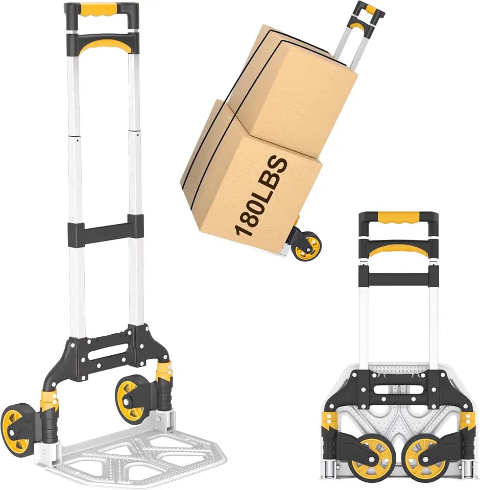 DIAMONDFORGE Folding Hand Truck, 180lbs Lightweight Foldable Dolly Cart with Wheels and Telescopic Handle, Portable Folding Dolly with Rubber Wheels for Moving Groceries, Home, Auto, Black Yellow