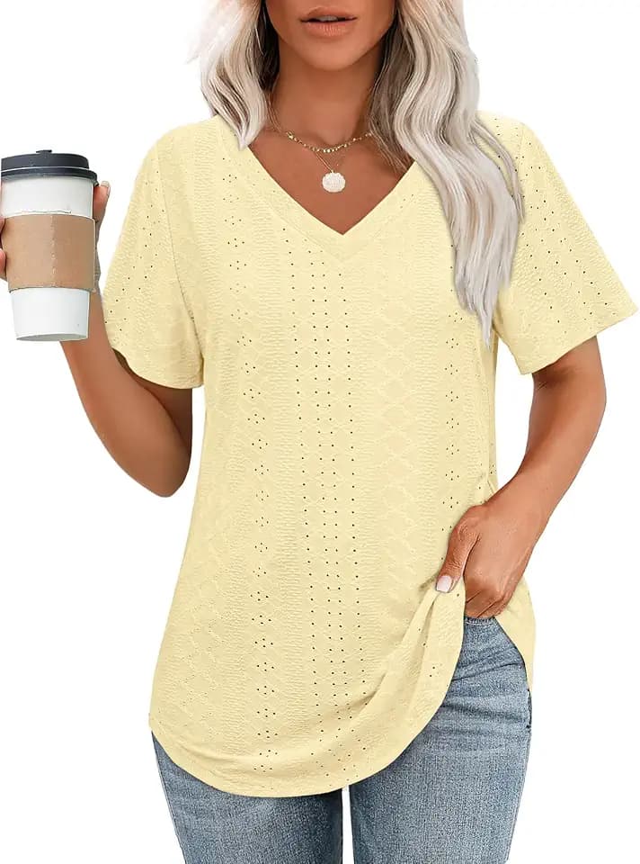 OFEEFAN Womens T Shirts V Neck Short Sleeve Casual Tops Loose Fit Basic Tees with Curved Hem