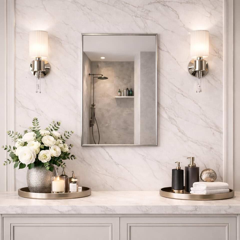 Head West Brushed Chrome Recessed Medicine Cabinet Mirror, Bathroom Wall Mount Storage Organizer with Glass Shelves - 16" x 26"