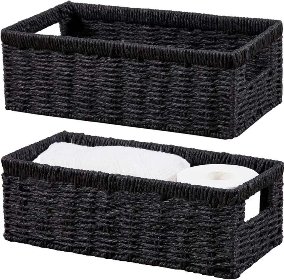 Vagusicc Wicker Storage Basket, Paper Rope Wicker Baskets with Handles, Toilet Paper Basket for Toilet Tank Top, Small Wicke Baskets for Organizing Shelves, 2-Pack, Black