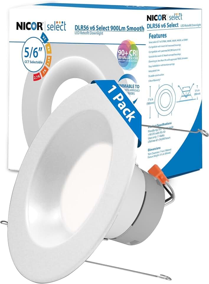 Recessed Ceiling Lights LED Downlight - Dimmable 5/6 inch LED Recessed Light Fixtures - Selectable CCT 2700K-5000K, 918 Lumens, 10.3W - DLR56 Retrofit Ceiling Light, White, 1-Pk by NICOR Lighting