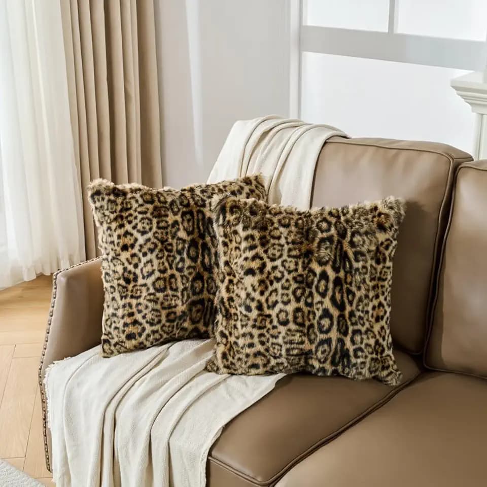 Cheetah Print Faux Fur Fluffy Pillowcases,Plush Soft Throw Pillow Covers, Fuzzy Decorative Leopard Print Pillow Cases, Furry Brown Leopard Cushion Covers for Couch Sofa-24x24 inch Set of 2