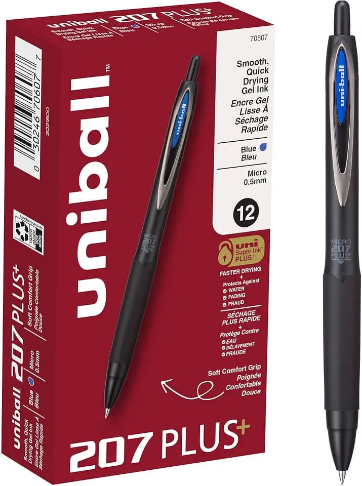 uniball™ 207 Plus+ Gel Pens, Blue Ink, 0.5mm Micro Point, 12 Count