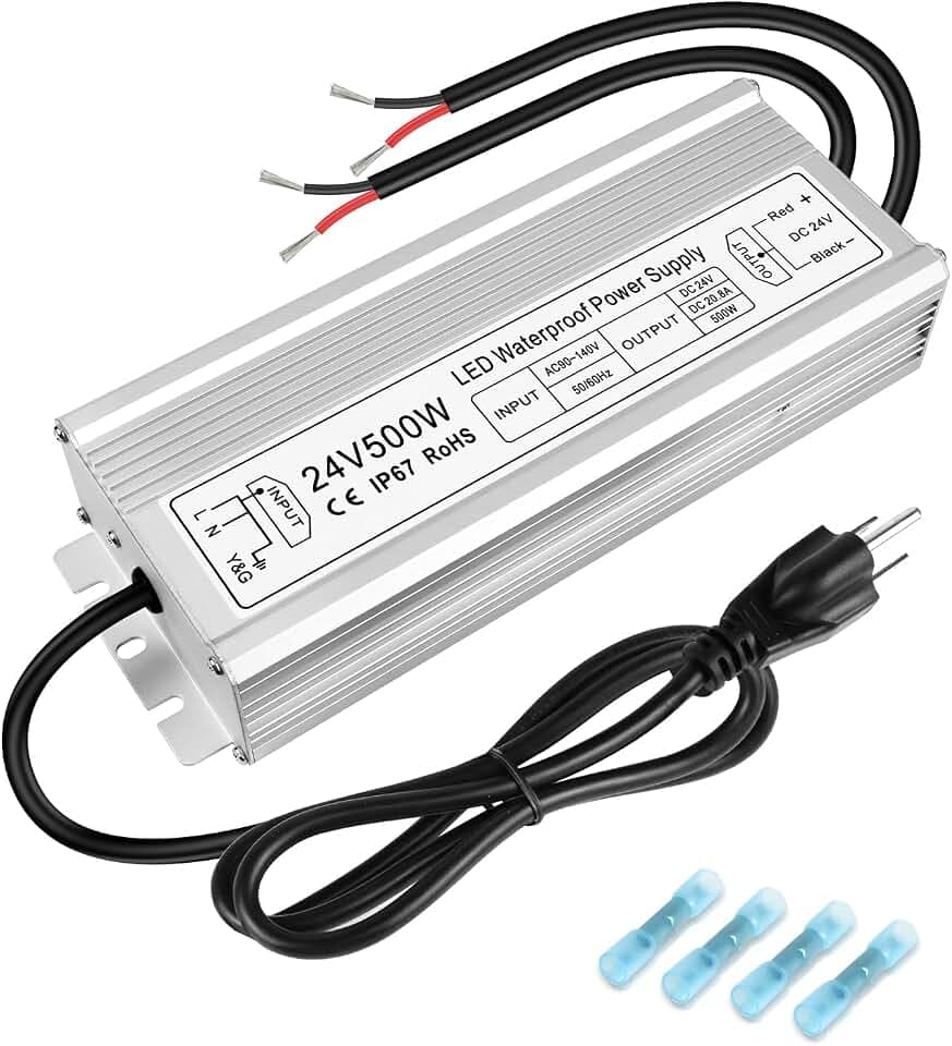 24V 500W LED Power Supply, IP67 Waterproof LED Driver, Low Voltage Transformer, AC 90-140V to DC 24V 20.8A Converter for Outdoor Landscape Lighting, LED Strip Lights, 3-Prong Plug with 3.3FT Cable