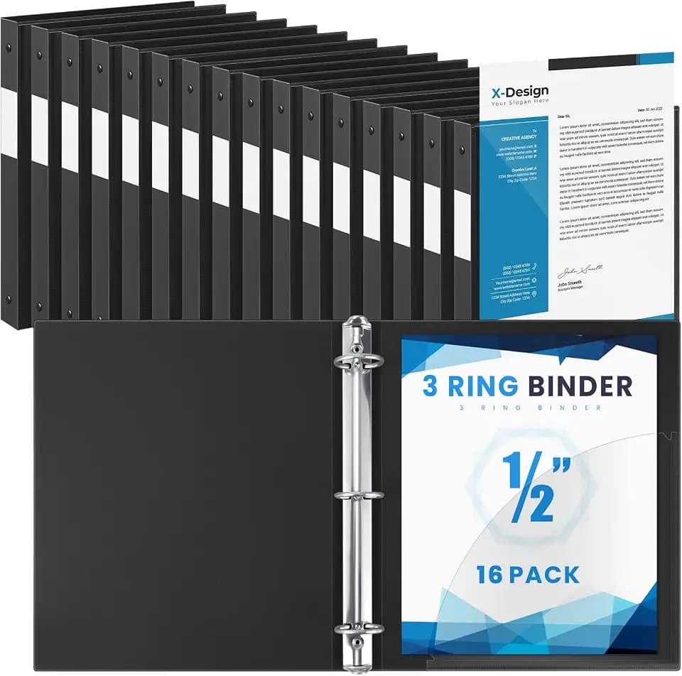 Henoyso 16 Pack 1/2 Inch 3 Ring Binder with Clear Cover Fit Letter Size 8.5" x 11" Paper Holds 140 Sheets, Bulk Binders for Organizing School, Office & Classroom Documents, 1 Pocket (Black)