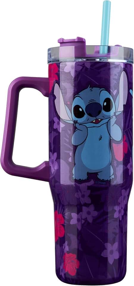 Disney Stitch Insulated Tumbler Travel Mug 33oz Stainless Steel Water Bottle with Handle and Straw Thermal Double Wall Vacuum Insulation Drinks for Hot Cold Ice Cup-holder Compatible.