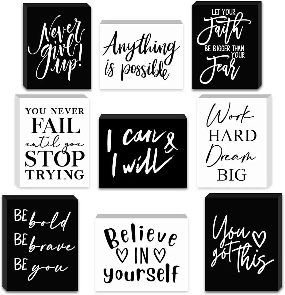 Yulejo 9 Pcs Mini Inspirational Wooden Sign, Black, White, 3.5 x 2.5 Inch