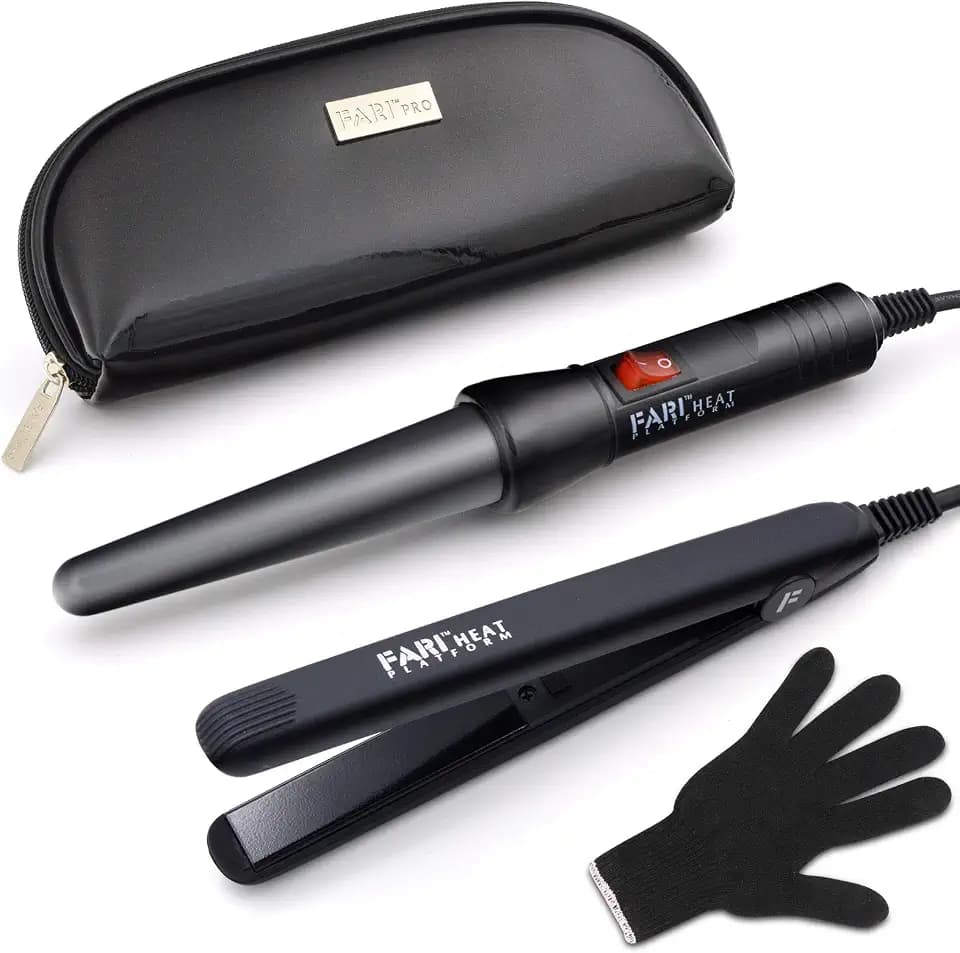 FARI Travel Hair Curling Iron and Mini Flat Iron 2 in 1 Kit, Ceramic Tourmaline Curling Wands and Hair straighteners Set, Heat Resistant Glove and Travel Pouch Included, Black