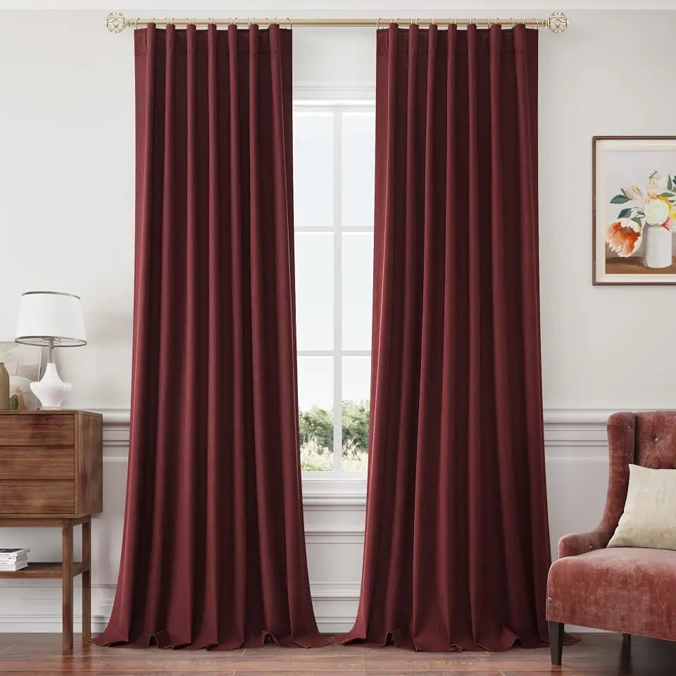 Joywell 100% Blackout Linen Curtains 96 Inches Long for Bedroom Burgundy