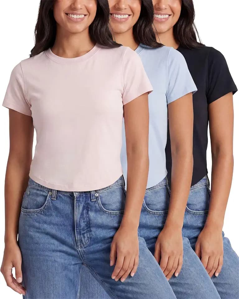 3 Pack Women's Cropped Cap Sleeve Tops Cotton Basic Tees Going Out Shirts