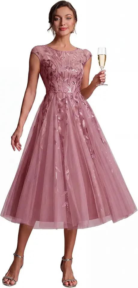 Ever-Pretty Women's Sequin Tulle Midi Formal Dresses Wedding Guest Dress