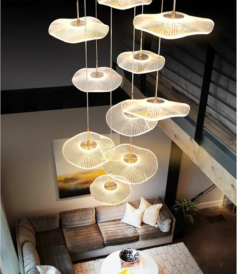 ziidoo High Ceiling Chandelier - 18-Light Dimmable Modern Gold Long Spiral Luxury Linear Lotus Leaf Led Lamp Hanging Pendant Lights for Foyer Enterway Staircase Villas