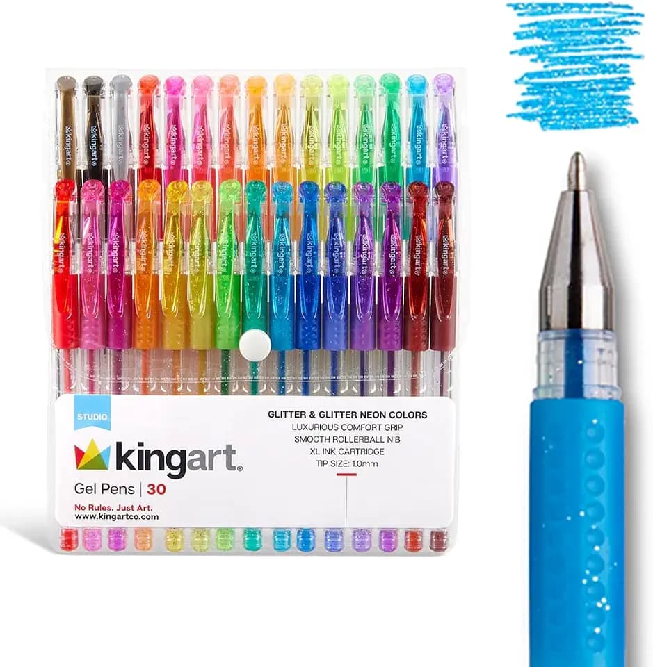 KINGART 400-30 Comfort Grip Gel Pens, Set of 30 Unique Glitter Colors