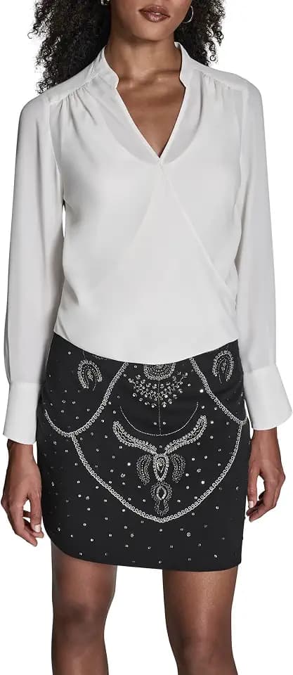 BCBG Women's Long Sleeve Vneck Wrap Top with High Low Detail