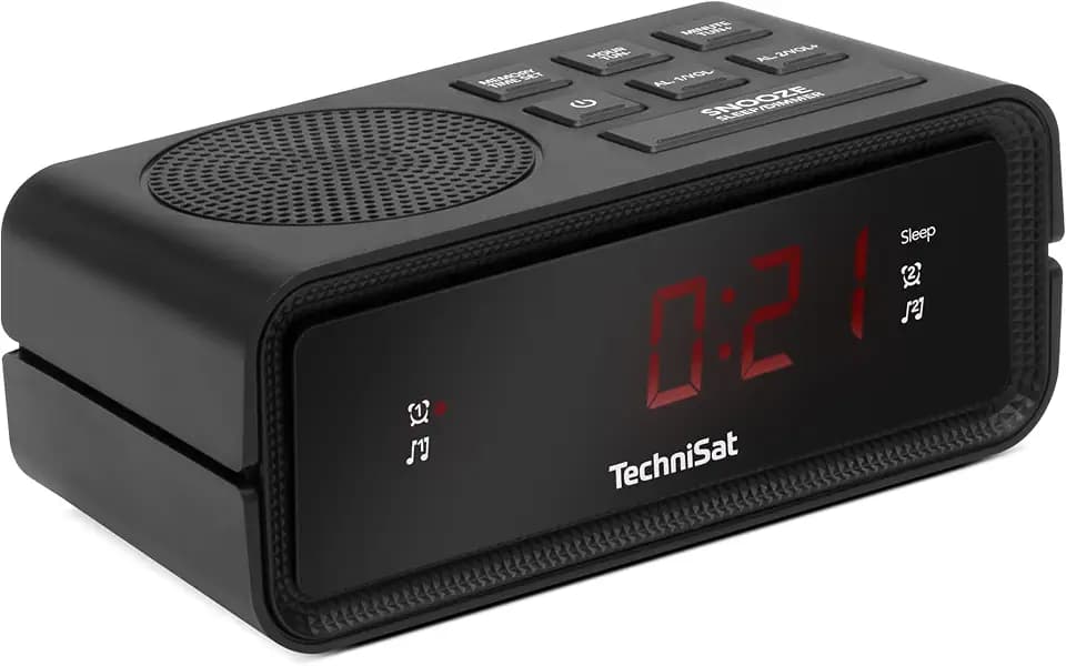 TechniSat DIGICLOCK 2 – kompakter UKW Radiowecker (Zwei Weckzeiten, Schlummerfunktion, dimmbares LCD-Display, Netz- und Batteriebetrieb) schwarz