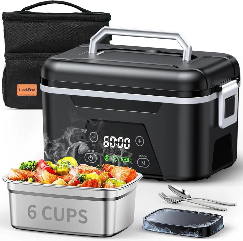 ππππ ππ©π π«ππππ Cordless Heated Lunch Box, 6 Cups Rechargeable Electric Lunch Box with Ice Crystal Box & Insulated Bag, 24 Hours Scheduled Self Heating Food Warmer for Men Women