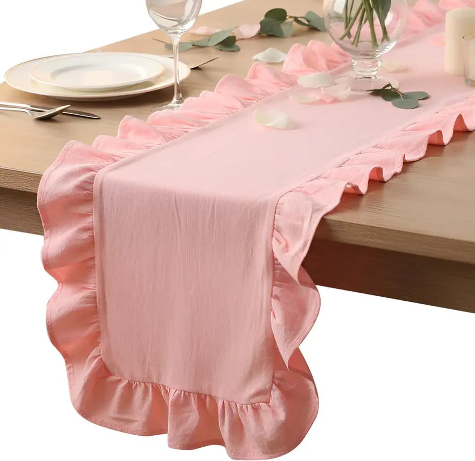 Oudain Pink Ruffled Table Runner 118 Inches Long, Scalloped Edge
