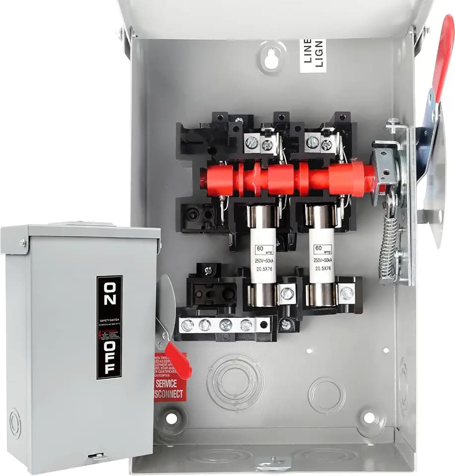 2P 60 Amp Fused Disconnect, 60A Disconnect Box, Single Phase, 110/240V, Includes 2 Pcs 60 Amp Fuses, Heavy Duty Metal Structure, NEMA 3R Enclosure for Outdoor, Reserved Knout-Outs, 10-Year Warranty