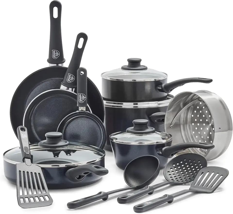 GreenLife 16 Piece Ceramic Nonstick Pots & Pans Cookware Set, Black