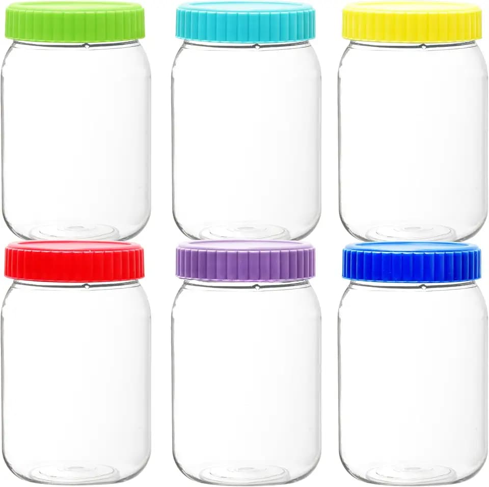 Youngever 6 Pack Plastic Mason Jars with Lids, 18 Ounce Wide Mouth Mason Jars, Plastic Canning Jars with Airtight Lids, 6 Assorted Colors, NO Dishwasher