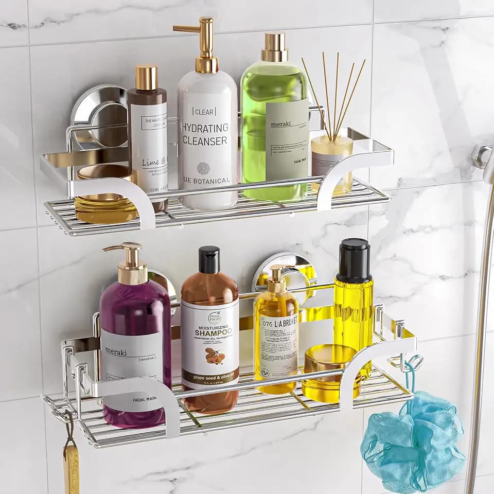 LEVERLOC Shower Caddy Suction Cup 2 Pack, Shower Shelf for Inside, Silver