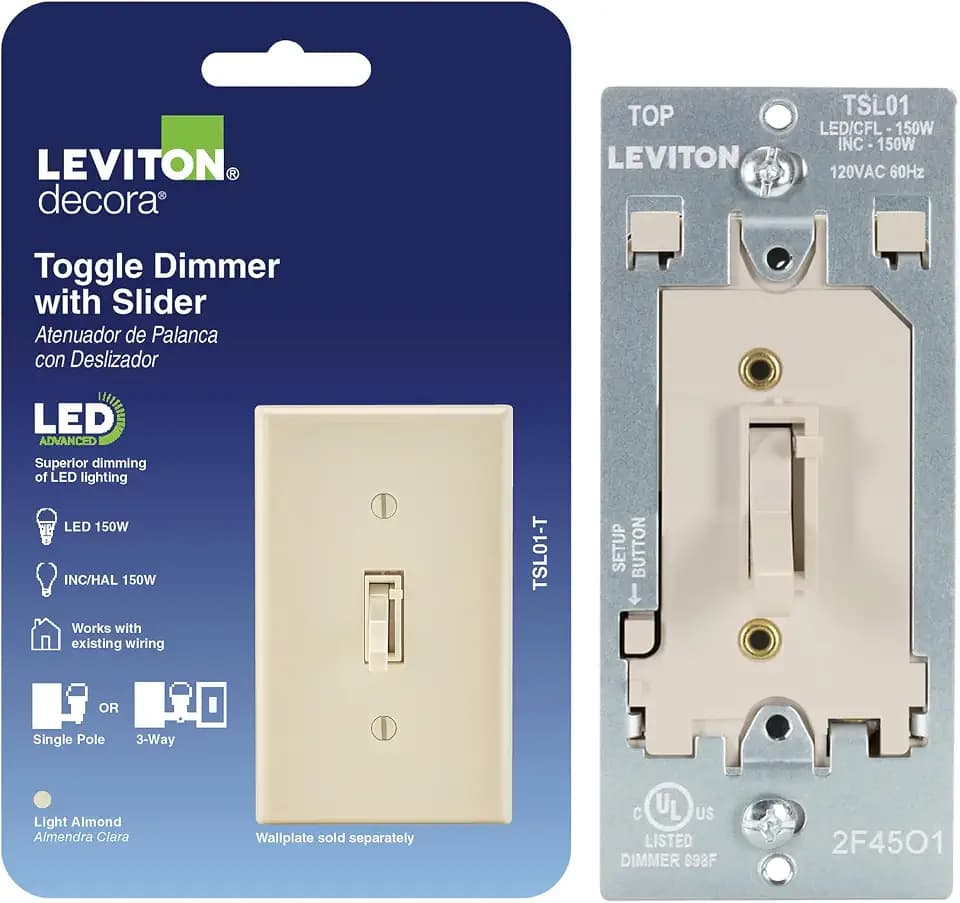 Leviton Toggle Slide LED Advanced Dimmer Switch for 150W Dimmable LED, Halogen and Incandescent Bulbs and Fixtures, TSL01-T, Light Almond