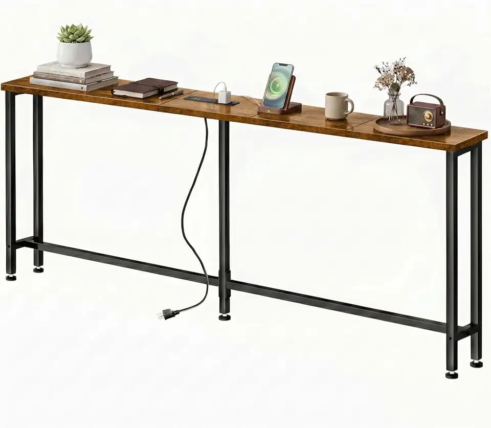 90" Narrow Sofa Table with Outlets (2 AC Outlets & 2 USB Ports), Behind Couch Table with Charging Station, Long Skinny Console Table for Living Room, Entryway and Hallway (Rustic Brown)